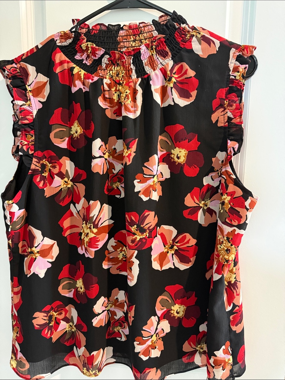 J. Crew Black Sleeveless Floral Smocked Neck Top - Red & Pink Flowers